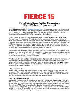 Fierce Biotech 将 Ascidian Therapeutics 评为“Fierce 15”...